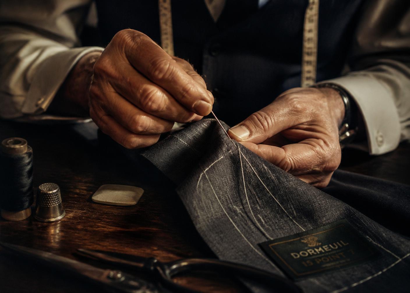 Hands stitching fine wool in the VEE World atelier