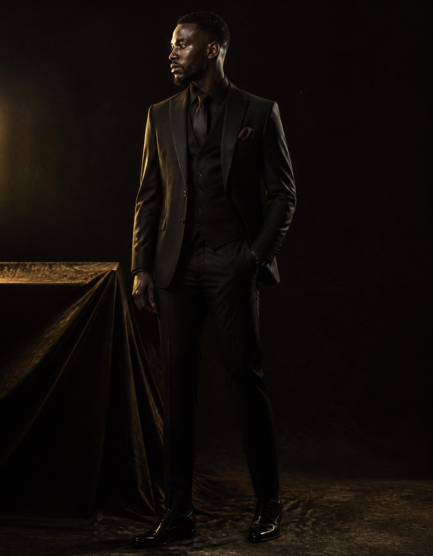 Model wearing a bespoke black three-piece suit by VEE World